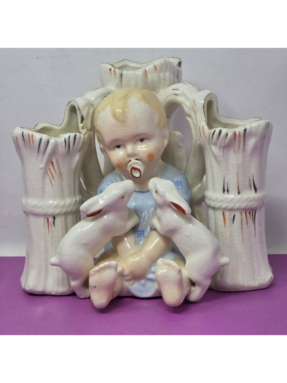 Vintage Made In Japan Baby With Rabbits Ceramic Flower Vase Planter Figurine